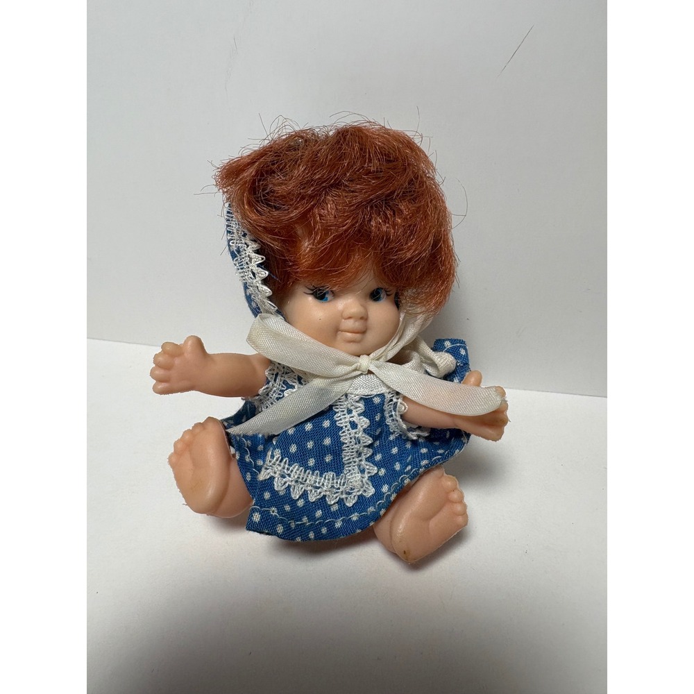 Vintage Uneeda Baby Pee Wee Miniature Red Hair Baby Doll Blue Dress Hong Kong